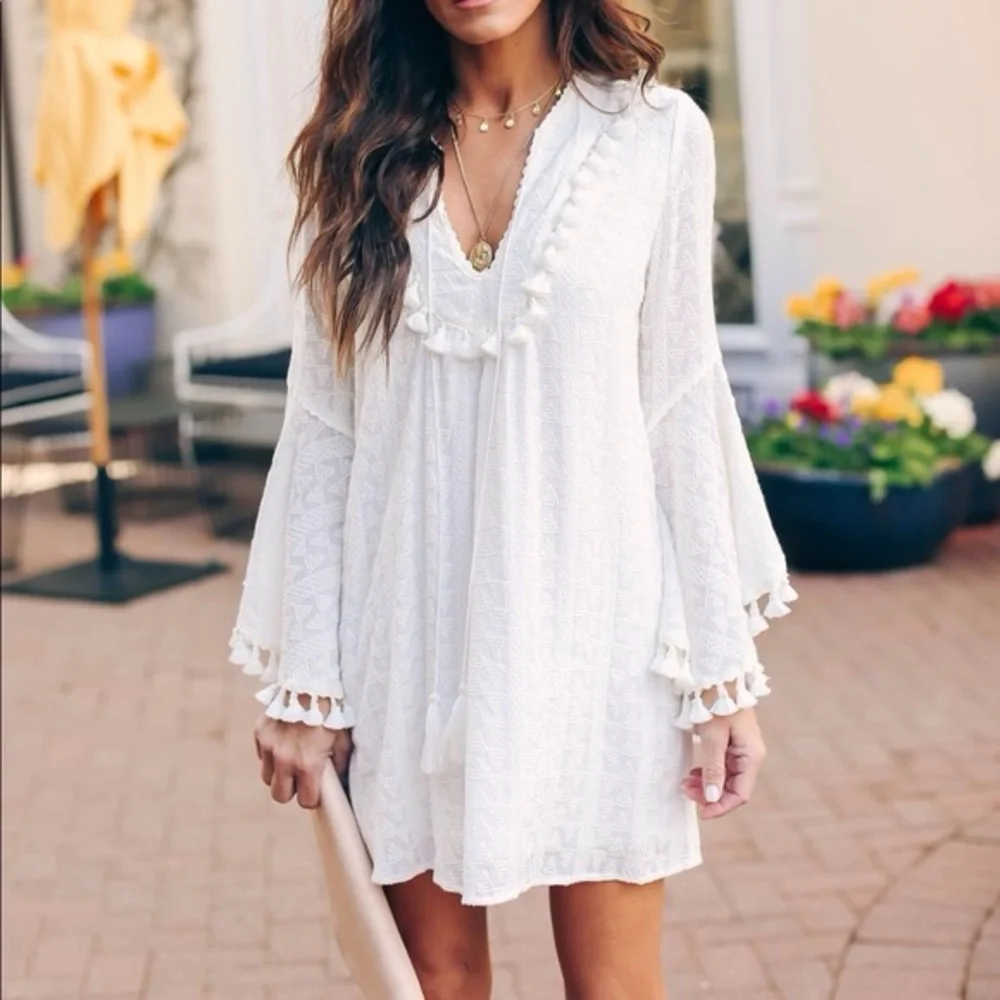 NWOT- White Boho embroidered Tassel Dress - Picture 1 of 5